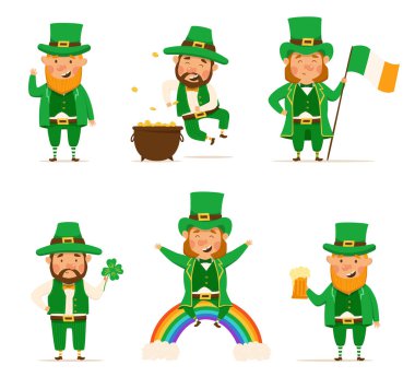 St. Patrick's Day set of different characters of leprechauns in different suits. Vector Illustrations. Cheerful men character. Pot of gold, beer, shamrock, rainbow, Irish flag. For design and stickers
