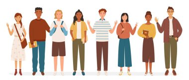 Group of multicultural students in full growth flat vector illustration. Happy teenager in casual clothes. Youth lifestyle. International Youth Day. Young girls and boys holding books and backpacks. Isolated characters on white background.