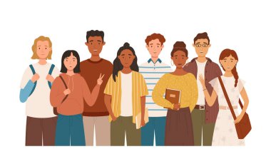 Group of students stand together flat vector illustration. Young girls and boys holding books and backpacks. Isolated characters on white background. Happy teenager in casual clothes. Youth lifestyle. International Youth Day