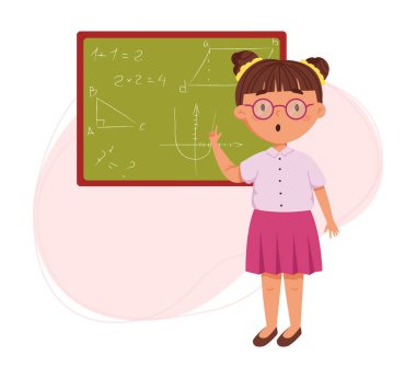 Children's daily routine vector illustration. Cute cheerful girl study in school. Scheduler. Ideal for children's calendars, posters, day planners and diaries.