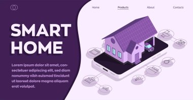 Smart home technology conceptual banner. Building connected with icons of domestic smart devices. Vector isometric illustration concept of System intelligent control house in purple color. IOT
