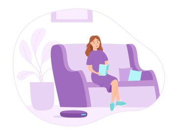 Robot vacuum cleaner cleaning the room while woman relaxing on sofa. Cozy living room with sofa, plants and picture. Vector illustration. IOT. Internet of things concept