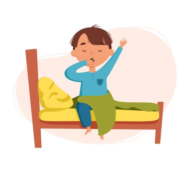 Cute boy wake up vector illustration. The child wakes up in his bed. Daily routine. Schedule. Illustration on abstract background