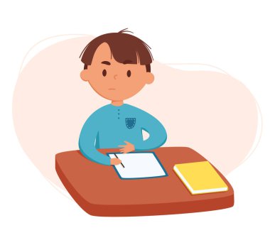 Cute boy doing homework vector illustration. child does the tasks that he was asked at school at home. Daily routine. Schedule. Illustration on abstract background
