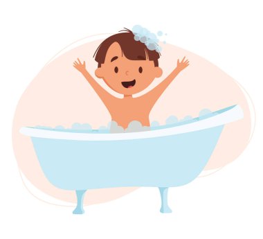 Cute boy washes in the bathroom vector illustration. Child having fun in a bubble bath. Daily routine. Schedule. Illustration on abstract background