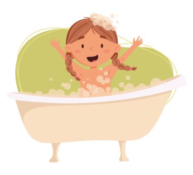 Cute girl with two pigtails washes in the bathroom vector illustration. Child having fun in a bubble bath. Daily routine. Schedule. Illustration on abstract background