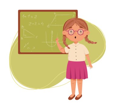 Cute girl with two pigtails learning at school vector illustration. Child answers math at the blackboard at school. Daily routine. Schedule. Illustration on abstract background