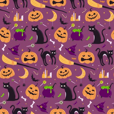 Cute Halloween vector seamless pattern. Pumpkins with different faces, black cat, witch's potion and broom, bat, sweets and candies. Ideal for wrapping paper, fabrics, printing and postcards