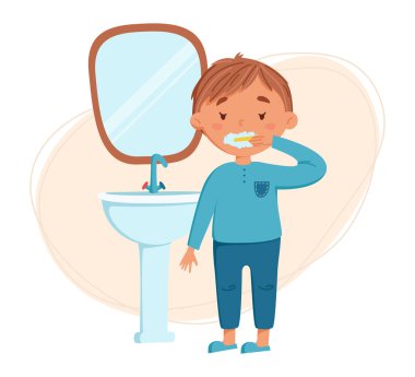 Cute blond boy brushing teeth vector illustration. Child stands at the sink with a mirror and performs morning bath procedures. Daily routine. Schedule. Illustration on abstract background