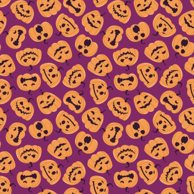 Seamless vector pattern with festive Halloween pumpkins. Jack orange lantern drawn with carved faces. Repeat tile swatch with orange icons on purple background for textile, wrapping paper, fabric design.