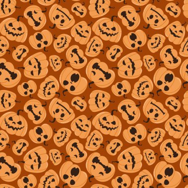 Seamless vector pattern with festive Halloween pumpkins. Jack orange lantern drawn with carved faces. Repeat tile swatch with orange icons on orange background for textile, wrapping paper, fabric design.