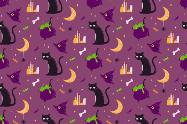Halloween vector seamless pattern. Black cat, potion in cauldron, crescent moon, witch hat, sweets and candies. Ideal for wrapping paper, fabrics, printing and postcards