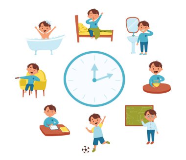 A cute boy in different situationsvector illustration. Daily routine with blue simple watches. Schedule. Day time. Isolated on white background.