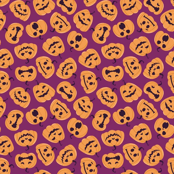 Seamless vector pattern with festive Halloween pumpkins. Jack orange lantern drawn with carved faces. Repeat tile swatch with orange icons on purple background for textile, wrapping paper, fabric design.