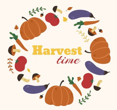 Autumn harvest festival. Vintage vector postcard. Pumpkin and mushrooms, tomato and eggplant, carrots, acorns and leaves. Elements for design.