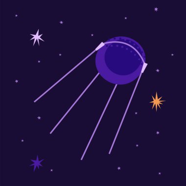 Cosmic satellite on the background of the starry sky vector illustration. Spacecraft in flat style. International Day of Human Space Flight and Cosmonautics Day. Ideal for stickers, postcards and