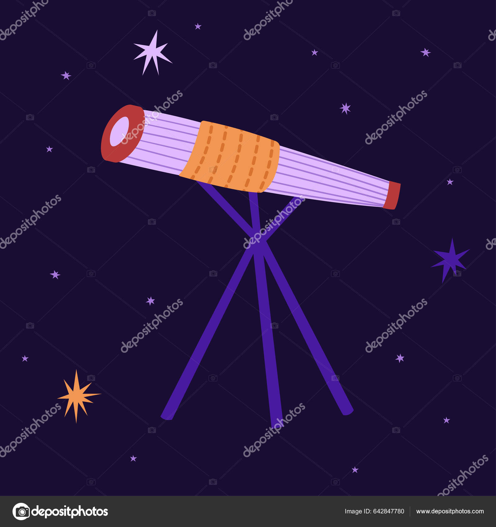 Telescope Background Starry Sky Vector Illustration Flat Style