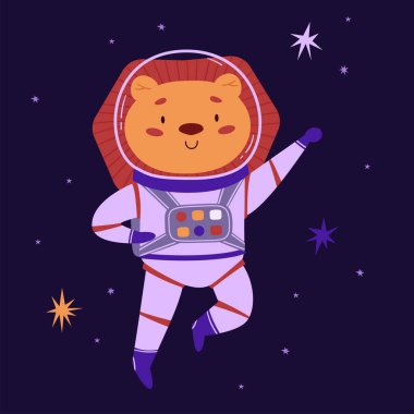 Şirin uzay hayvan vektör çizimi. Uzay boşluğunda komik poz veren aslan astronot, çizgi film hayvanı. Küçük kâşif evreni. Çocuk kavramları için ideal. Uluslararası İnsanlık Uzay Uçuşu Günü ve