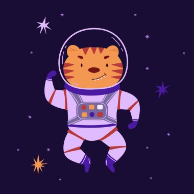 Şirin uzay hayvan vektör çizimi. Uzayda cesur kaplan astronot, çizgi film hayvanı. Küçük kâşif evreni. Çocuk kavramları için ideal. Uluslararası İnsan Uzay Uçuşu ve Kozmonotlar Günü