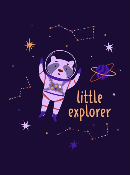 stock vector Cute space animal vector illustration. Raccoon astronaut in outer space, cartoon animal. Little explorer lettering. Ideal for kids concepts. International Day of Human Space Flight and Cosmonautics