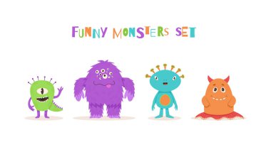 Bir grup sevimli uzaylı karakter vektör çizimi. Dost canlısı mavi uzaylı, tek gözlü küçük yeşil, büyük mor canavar ve çizgi film tarzında boynuzlu komik turuncu ritim. Çocuk tasarımı için ideal