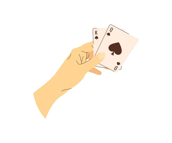 Jugando Las Cartas Mano Ilustración Plana Juego Texas Jugador Poker — Vector de stock