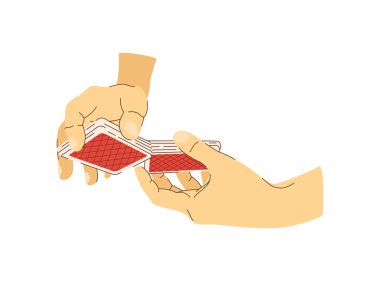 Düz çizimde kart oynamak. Kart karıştırma. Kumarhanede krupiye kumar endüstrisi için vektör illüstrasyonları kumar kartları, kurallar ve online kumarhane için web pankartları..