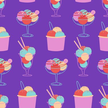 Renkli dondurma vektörü kusursuz desen. Tatlı türleri. Dondurma ve kase. Renk minimalist yaz çizimi. Kartlar, tipografi ve internet için ideal.