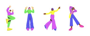 Bir grup genç insan. Renkli bir düz stil. Vektör çizimi. Komik bir tip. Dinamik duruş. Okulda ya da üniversitede. Gençlerin uluslararası günü