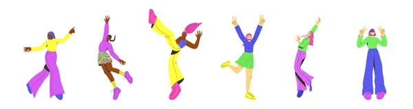 流行のカラフルなフラットスタイルで6人の若い女性のベクトルセット ベクトルイラスト 面白い人物だ 飛び跳ねて 学校や大学の学生 国際青年の日 — ストックベクタ