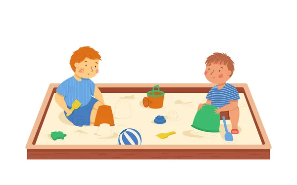 Kleine Jongens Die Zandbak Spelen Vector Illustratie Zomer Activiteiten Kinderen — Stockvector