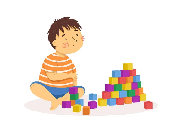 Cute Little Boy Playing Blocks Multiculturalism Diversity Vector Illustration Summer — Stock Vector
