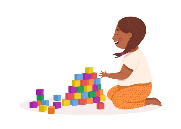 Mała Czarnoskóra Dziewczynka Bawiąca Się Klockami Wielokulturowość Różnorodność Ilustracja Wektora — Wektor stockowy