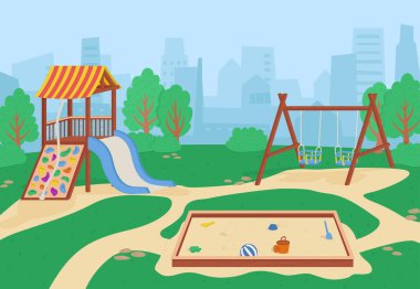 Kids playground without kids in park. School area. Outdoor play ground equipment for kindergarten or house. Empty city landscape. Vector cartoon background. Sandbox, slide and swing clipart