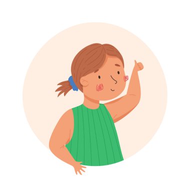 Mutlu küçük kız başparmağını kaldırdı. Vektör karikatür çizimi. Komik çocuk karakterleri. Renkli çemberdeki çocuk ve beyaz arka plan. Avatar, portre, çıkartma için ideal