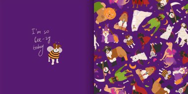 Cadılar Bayramı 'nda cadılar bayramı kostümü giymiş köpeklerle kusursuz bir şablon. Arı kostümü giymiş köpekli komik tebrik kartı. Şeker mi şaka mı? Mutlu Cadılar Bayramı vektör illüstrasyonu. Tatil kartları, dekorasyonlar ve