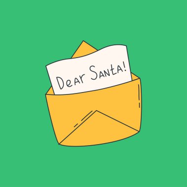 Noel Baba 'ya Noel mektubu. Geleneksel tatil unsurları. Vektör çizimi. Doodle tarzı. Kartlar, çıkartmalar ve posterler için modern tarz Noel ve Mutlu Yıllar baskısı