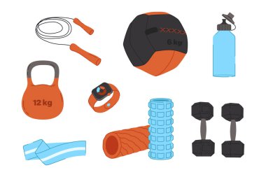 Vektör çalışması ve kondisyon nesneleri ayarlandı. Spor aletleri düz tasarım. Spor teması koleksiyonu. Web tasarımı, çıkartmalar, spor rehberi ve dersler için ideal
