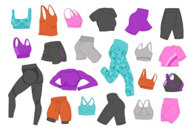 Kadın fitness kıyafet vektörü ayarlandı. Kadınların spor kıyafetleri düz tasarım. Beyaz arkaplandaki izole çizimler. Tasarım sporu içeriği, çıkartmalar ve yazdırma için ideal.