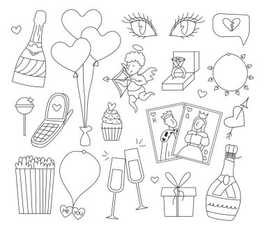 Karalama tarzında Sevgililer Günü vektör illüstrasyonunuz kutlu olsun. Sevgi hakkında bir dizi el çizimi unsur. Beyazda izole edilmiş tasarım elemanları. Satır sanatı