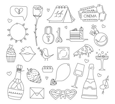 Sevgi hakkında bir dizi el çizimi unsur. Sevgililer Günü vektör illüstrasyonunuz kutlu olsun. Beyazda izole edilmiş tasarım elemanları. Doodle tarzı. Satır sanatı