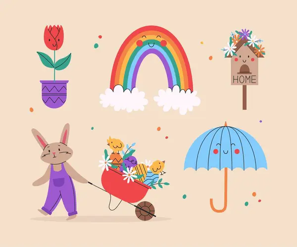 Милый Кролик Тачкой Маленькими Цыпочками Весенний Набор Милых Предметов Смешная Векторная Графика