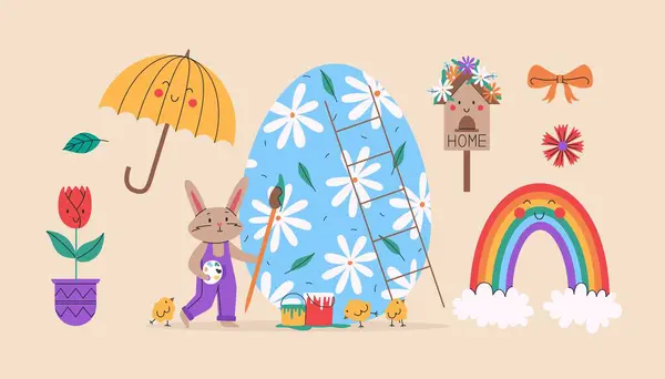Милый Кролик Украшает Пасхальное Яйцо Цыплятами Весенний Набор Милых Предметов Стоковая Иллюстрация