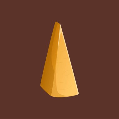 Kahverengi arka planda bir parça sert peynir. Vektör çizimi. Gerçekçi bir şekilde parmesan peyniri. Afişler ve afişler için ideal, kafe ve dükkanlar menüsü