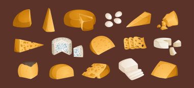 Kahverengi arka planda büyük peynir çeşitleri. Vektör çizimi. Renkli ve gerçekçi bir şekilde ayarlanmış. Gouda, parmesan, çedar ve diğer sert ve yumuşak peynirler. İdeal