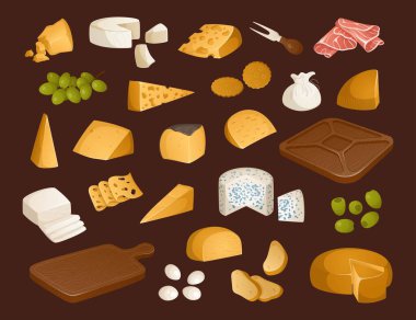 Big set of different types of cheeses and other appetizers for wine on a brown background. Grape, olives, cheese tray, hammon. Vector illustration. Colorful and bright set in realistic style. Ideal clipart