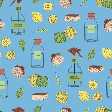 Çevre dostu temizlik ürünleriyle kusursuz bir düzen. Organik doğal ekolojik temizleyiciler, süngerler, fırçalar. Yeşil ev işleri, temiz ev malzemeleri. Düz grafik vektör illüstrasyonu