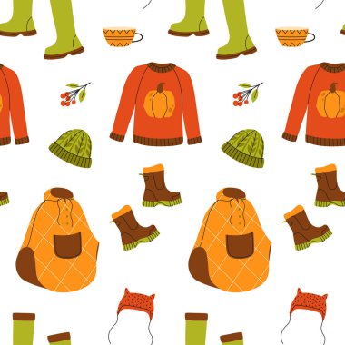 Sonbahar giysisiyle birlikte sonbahar örtüsü. Süveter, ceket ve lastik botlar. Vektör çizimi. Renkli sezon koleksiyonu beyaz arkaplanda izole