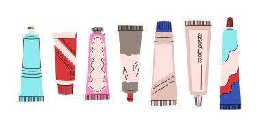Diş macunu seti. Ağız temizliği ürünleri seti. Farklı diş macunları. Diş temizleme ürünleri. Beyaz arkaplanda izole edilmiş düz bir şekilde renkli vektör koleksiyonu