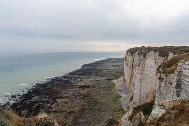 Fransa, Normandiya 'nın karakteristik kıyı şeridi. Gri gökyüzünün altında yüksek uçurumlar ve kayalar var.